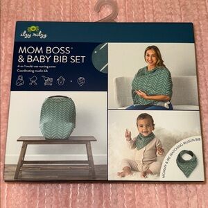 Itzy Ritzy Mom Boss & Baby bib SET nursing & car seat cover New! green white